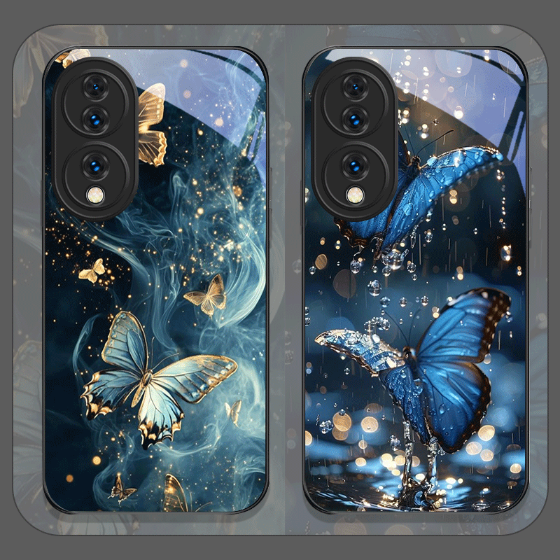 Huawei Mate 60 - Luxuriöse Blaue Schmetterling-Kunst Bedruckte Gehärtete Glas-Handyhülle