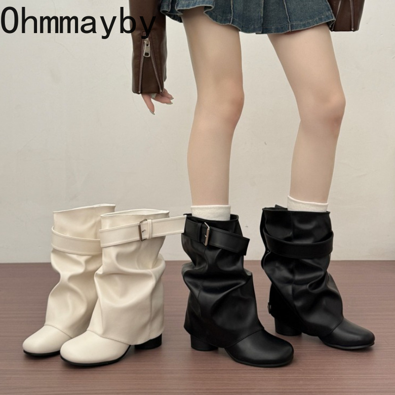 Leather Classic Strap - Neue Damen-Slouchy-Lederstiefel bis zur Wadenmitte mit
